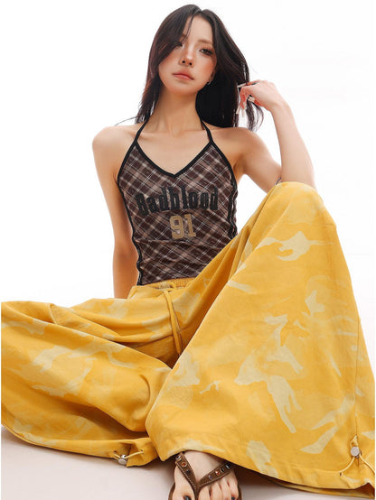 QIUQIU STUDIO Plaid Letter Print V-neck Tie Neck Slim Short Women&