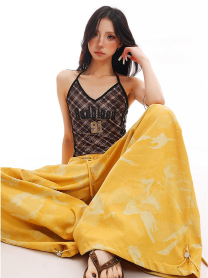 QIUQIU STUDIO Plaid Letter Print V-neck Tie Neck Slim Short Women&