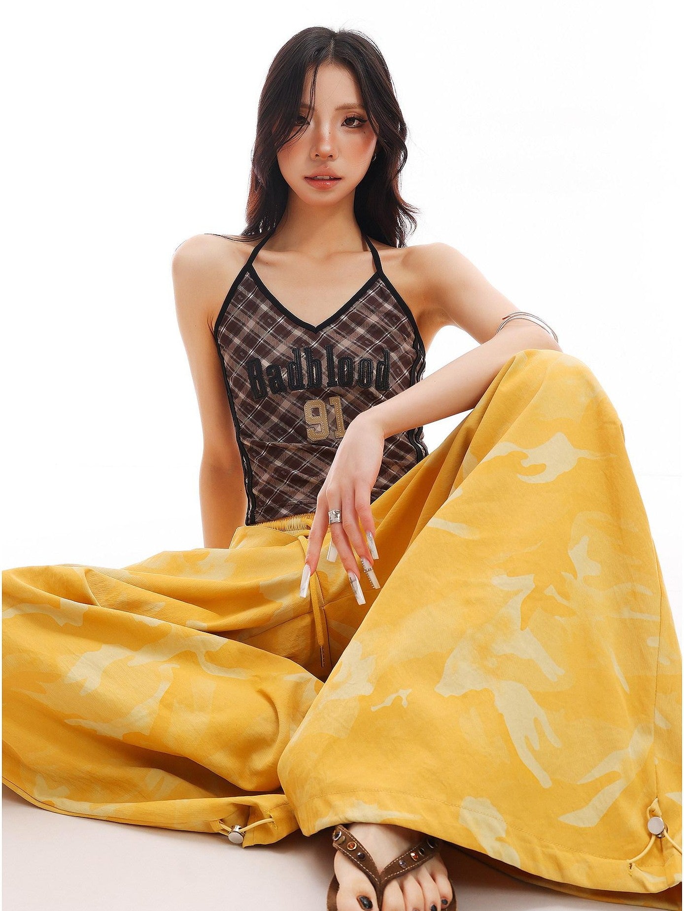 QIUQIU STUDIO Plaid Letter Print V-neck Tie Neck Slim Short Women&