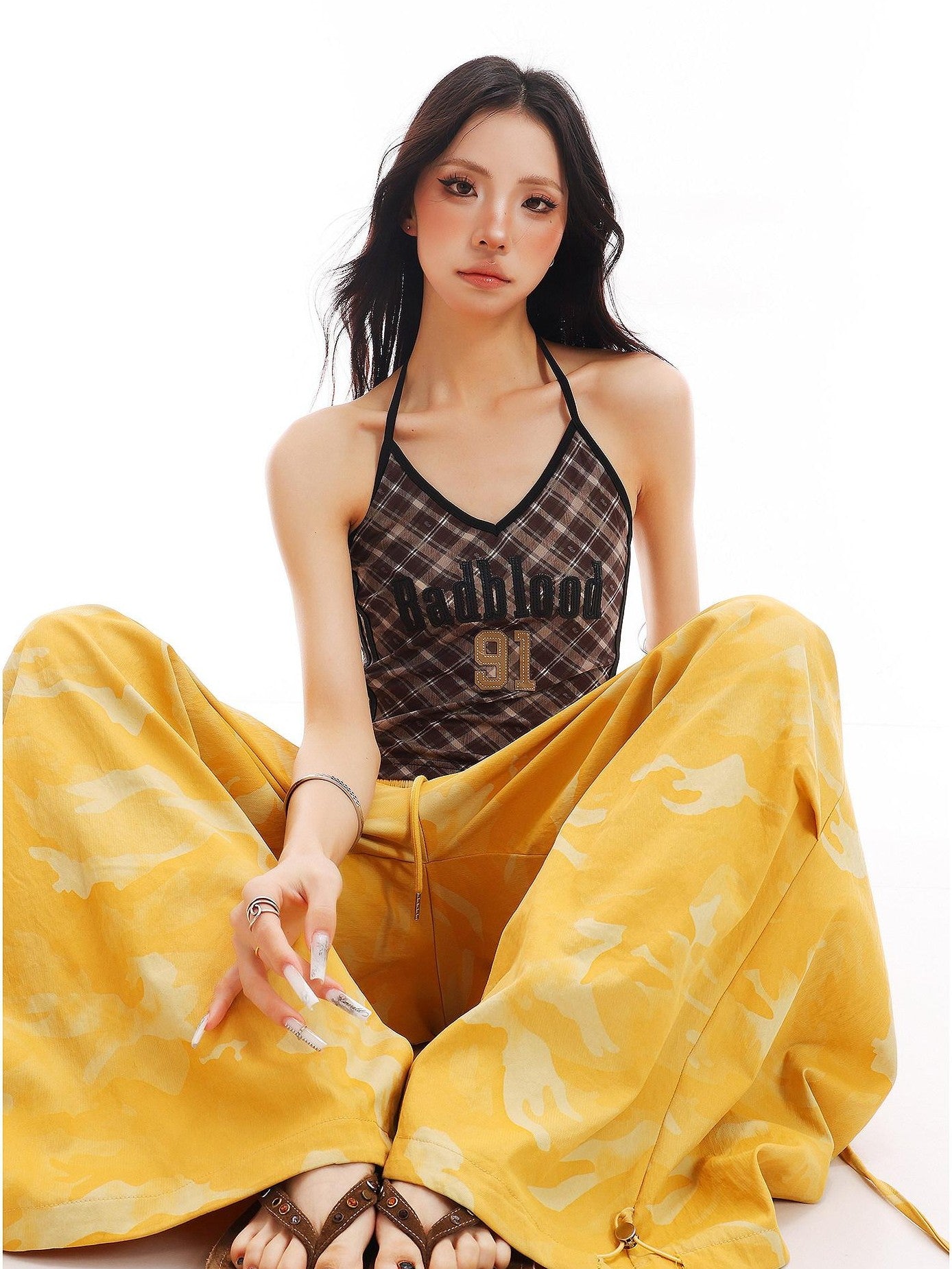 QIUQIU STUDIO Plaid Letter Print V-neck Tie Neck Slim Short Women&