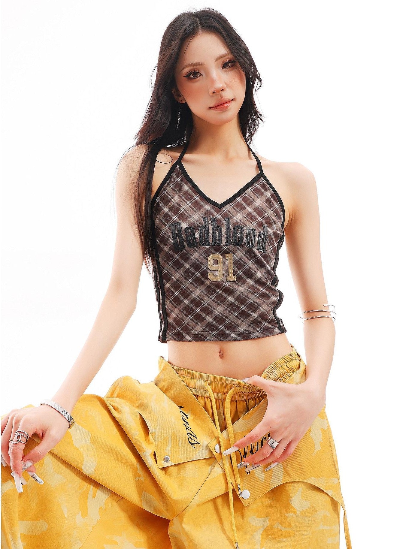 QIUQIU STUDIO Plaid Letter Print V-neck Tie Neck Slim Short Women&