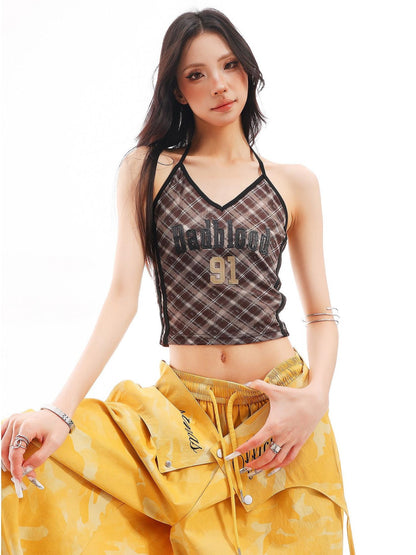 QIUQIU STUDIO Plaid Letter Print V-neck Tie Neck Slim Short Women&