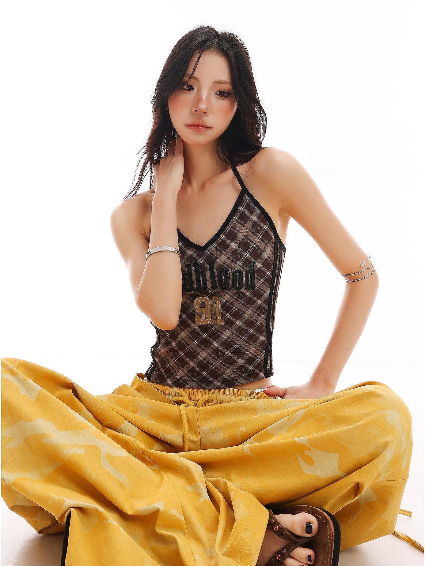 QIUQIU STUDIO Plaid Letter Print V-neck Tie Neck Slim Short Women&