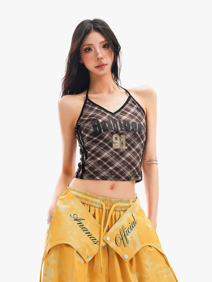 QIUQIU STUDIO Plaid Letter Print V-neck Tie Neck Slim Short Women&