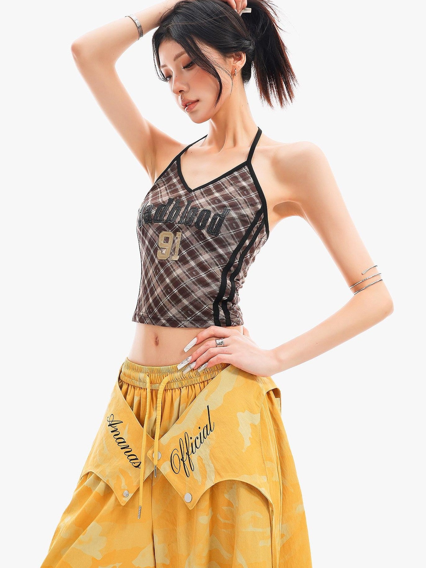 QIUQIU STUDIO Plaid Letter Print V-neck Tie Neck Slim Short Women&
