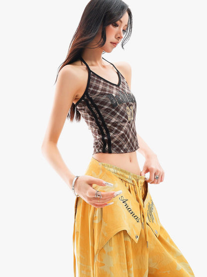 QIUQIU STUDIO Plaid Letter Print V-neck Tie Neck Slim Short Women&