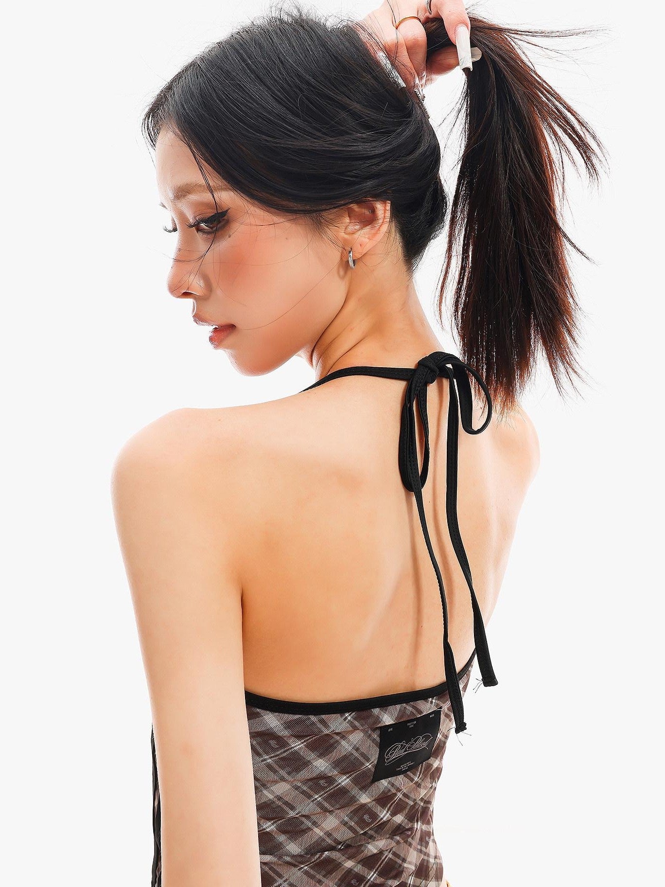 QIUQIU STUDIO Plaid Letter Print V-neck Tie Neck Slim Short Women&