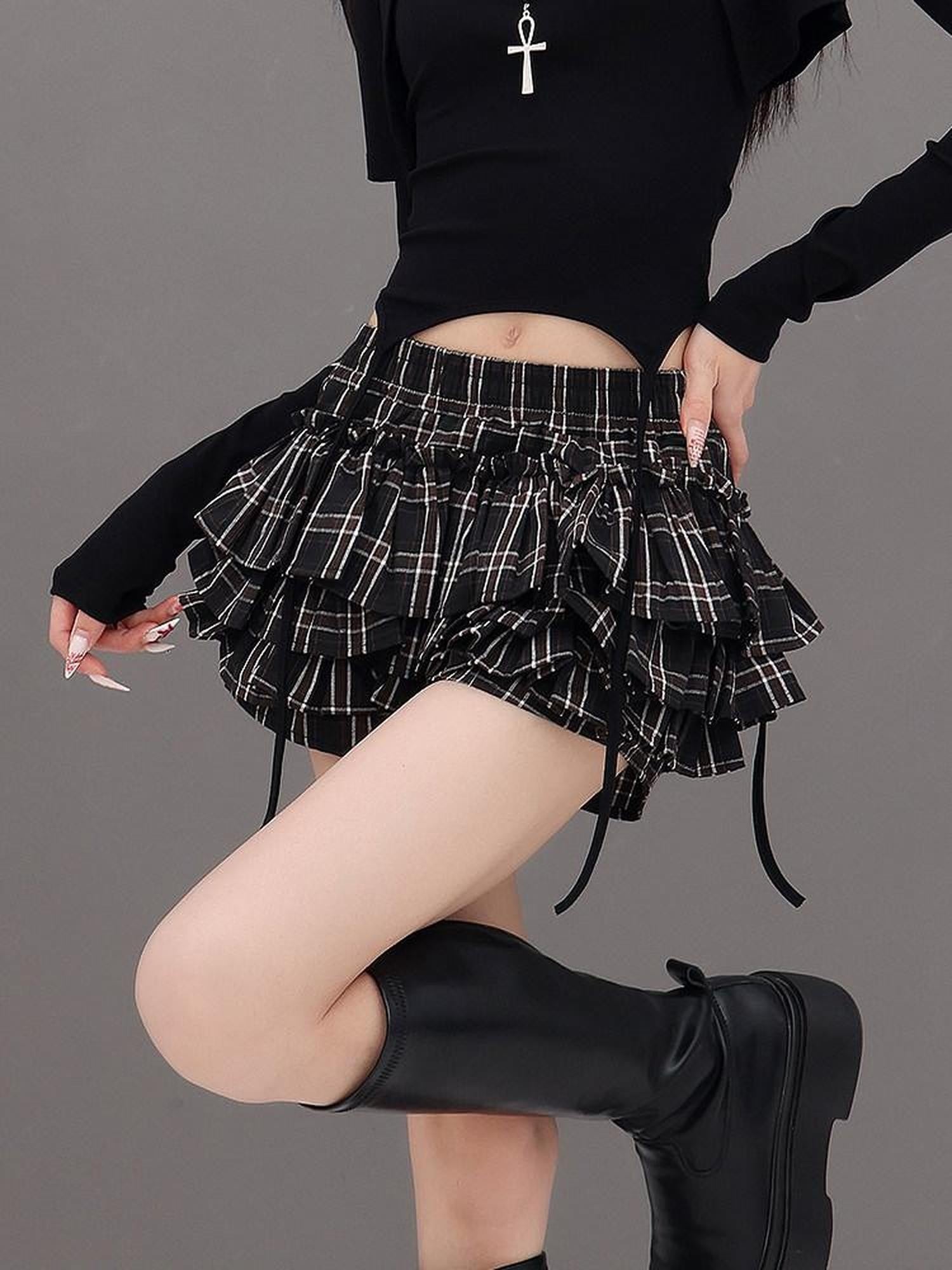 QIUQIU STUDIO Plaid Ribbon Tie Elastic Waist Skort Women&