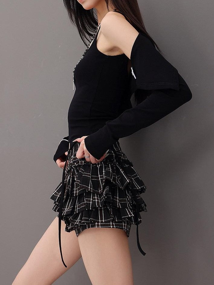 QIUQIU STUDIO Plaid Ribbon Tie Elastic Waist Skort Women&