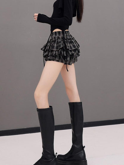 QIUQIU STUDIO Plaid Ribbon Tie Elastic Waist Skort Women&