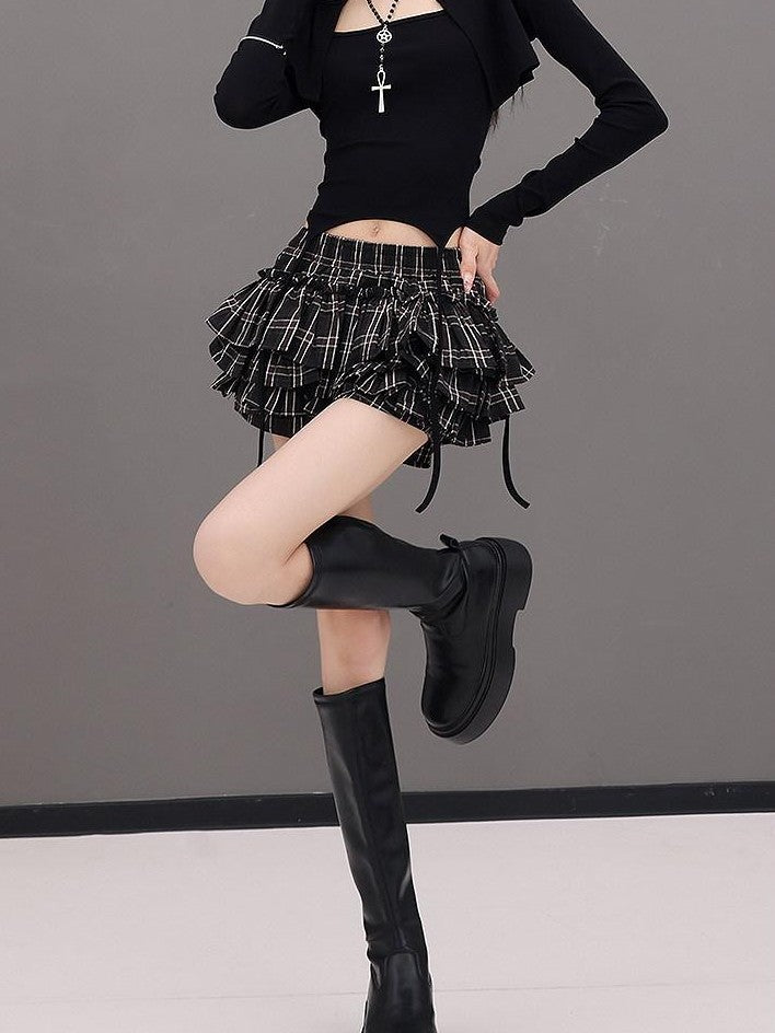 QIUQIU STUDIO Plaid Ribbon Tie Elastic Waist Skort Women&