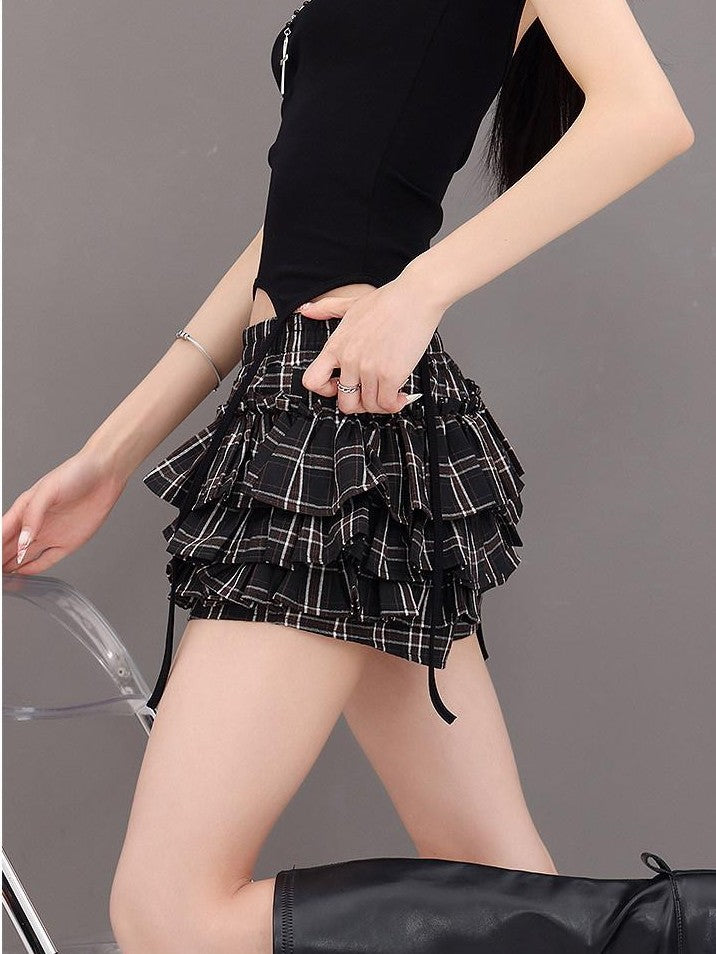 QIUQIU STUDIO Plaid Ribbon Tie Elastic Waist Skort Women&