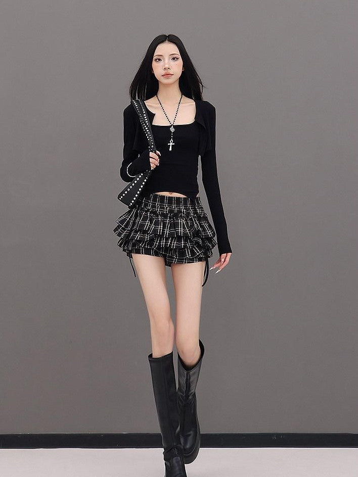 QIUQIU STUDIO Plaid Ribbon Tie Elastic Waist Skort Women&