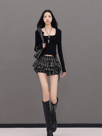 QIUQIU STUDIO Plaid Ribbon Tie Elastic Waist Skort Women&