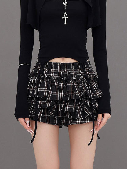 QIUQIU STUDIO Plaid Ribbon Tie Elastic Waist Skort Women&