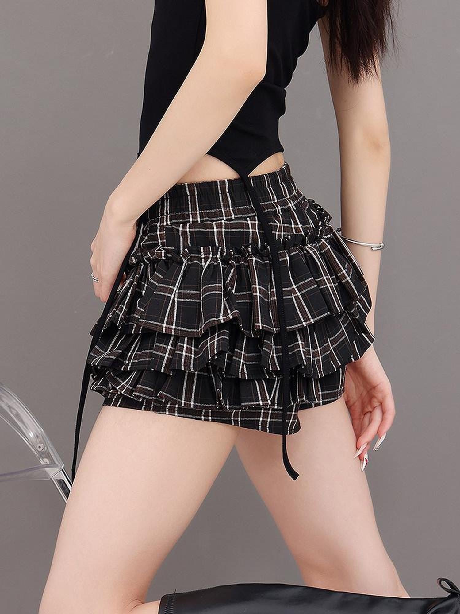 QIUQIU STUDIO Plaid Ribbon Tie Elastic Waist Skort Women&