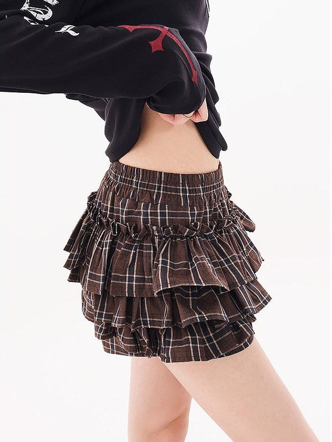 QIUQIU STUDIO Plaid Ribbon Tie Elastic Waist Skort Women&