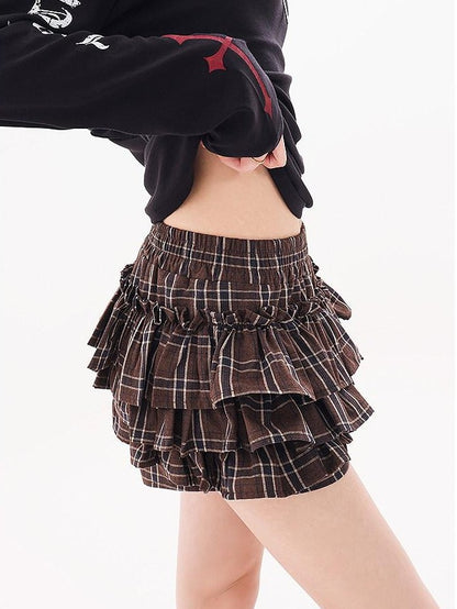 QIUQIU STUDIO Plaid Ribbon Tie Elastic Waist Skort Women&