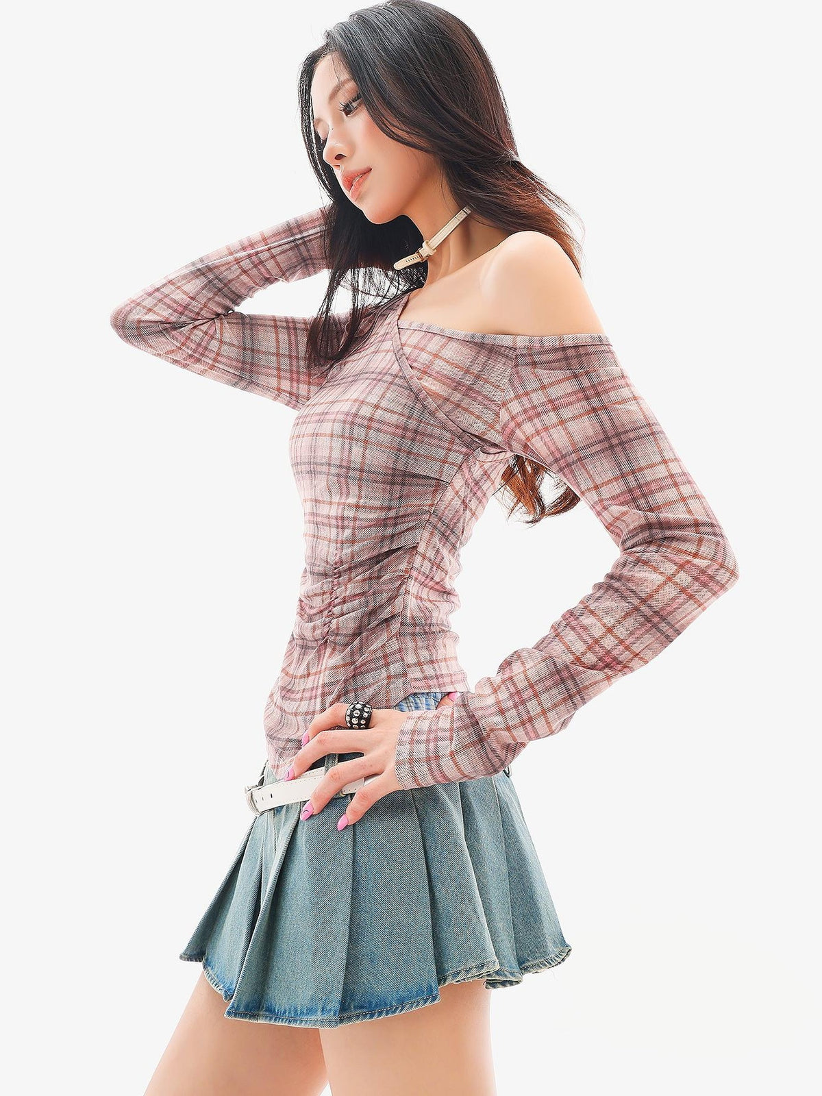QIUQIU STUDIO Plaid Ruched One Shoulder Slim Fit Women&