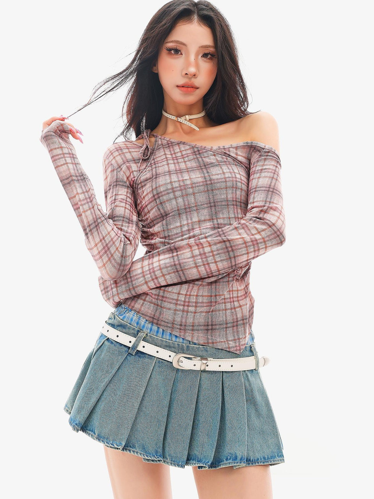 QIUQIU STUDIO Plaid Ruched One Shoulder Slim Fit Women&