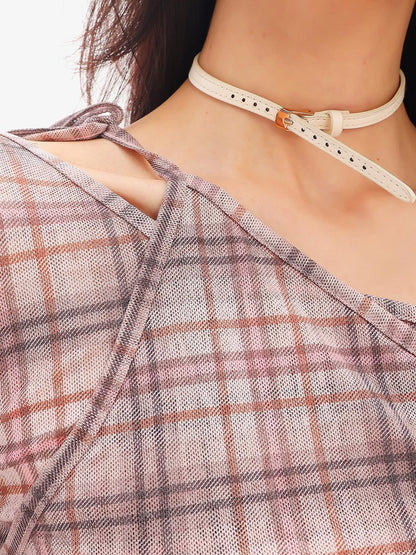 QIUQIU STUDIO Plaid Ruched One Shoulder Slim Fit Women&