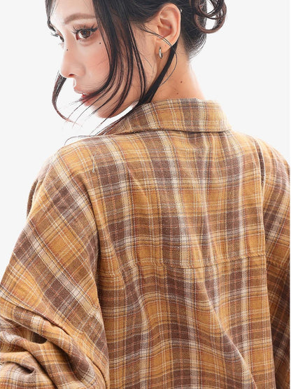 QIUQIU STUDIO Plaid Single Breasted Collared Long Sleeve Cardigan Women&