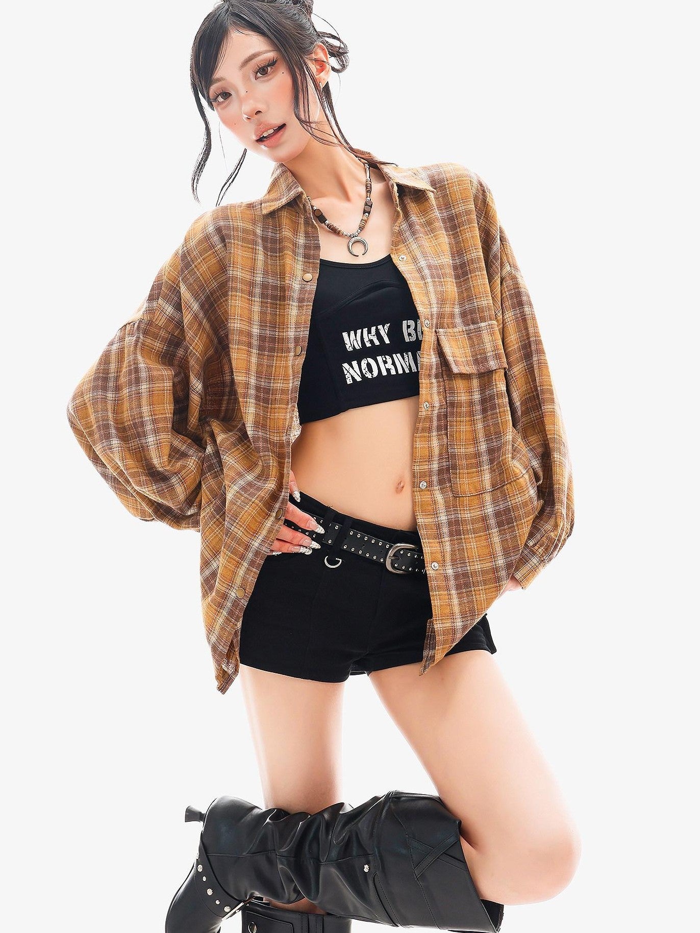 QIUQIU STUDIO Plaid Single Breasted Collared Long Sleeve Cardigan Women&