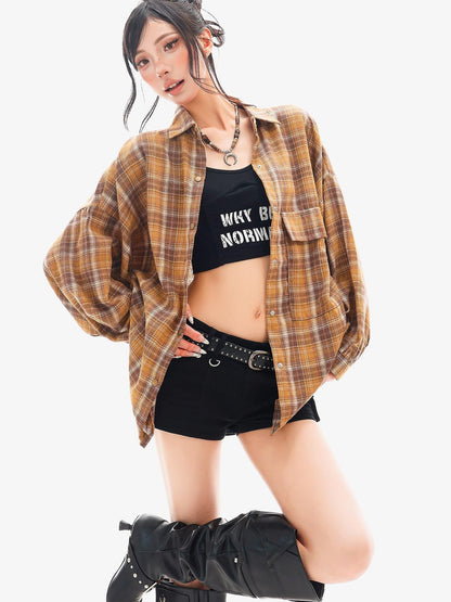 QIUQIU STUDIO Plaid Single Breasted Collared Long Sleeve Cardigan Women&