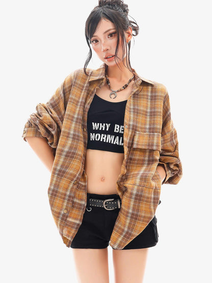 QIUQIU STUDIO Plaid Single Breasted Collared Long Sleeve Cardigan Women&