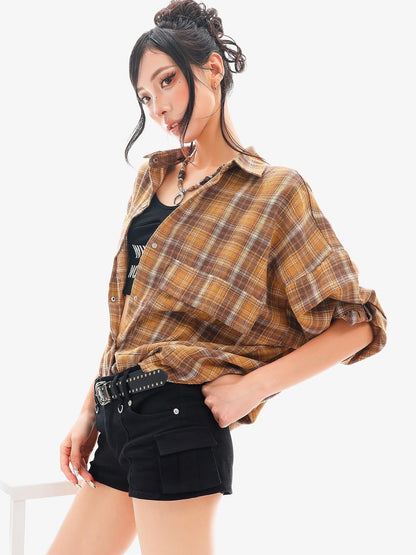 QIUQIU STUDIO Plaid Single Breasted Collared Long Sleeve Cardigan Women&