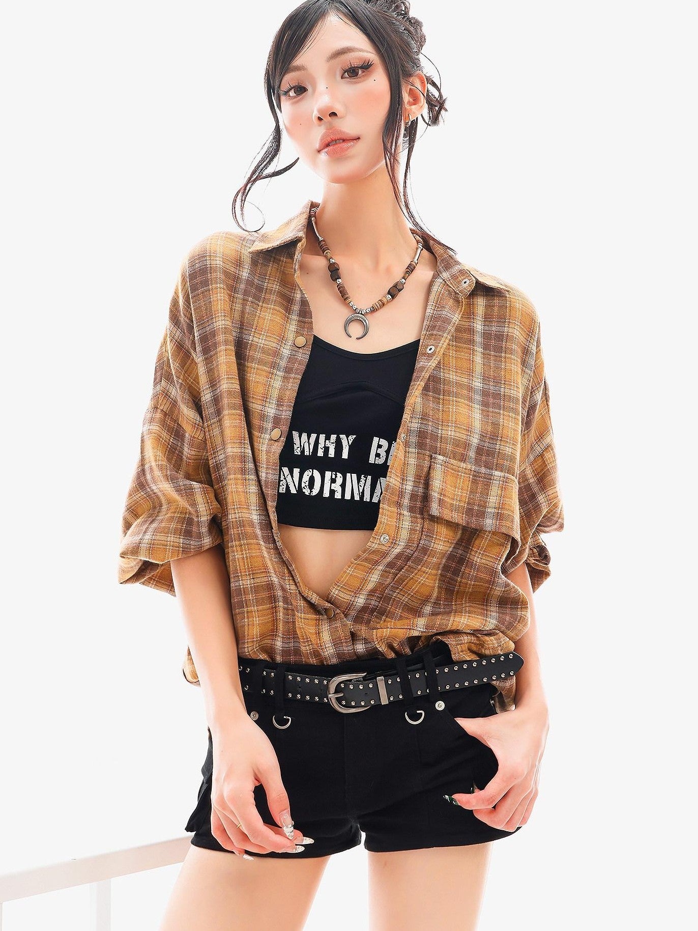 QIUQIU STUDIO Plaid Single Breasted Collared Long Sleeve Cardigan Women&