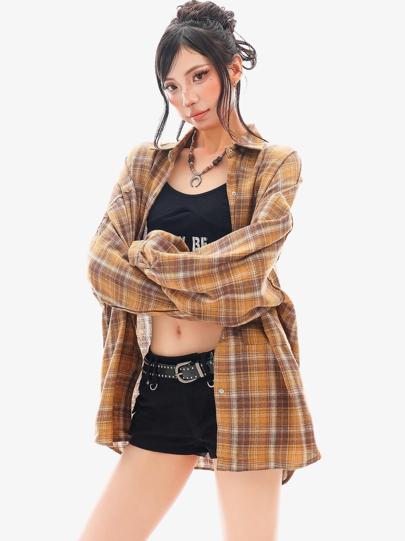 QIUQIU STUDIO Plaid Single Breasted Collared Long Sleeve Cardigan Women&