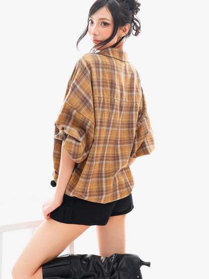 QIUQIU STUDIO Plaid Single Breasted Collared Long Sleeve Cardigan Women&