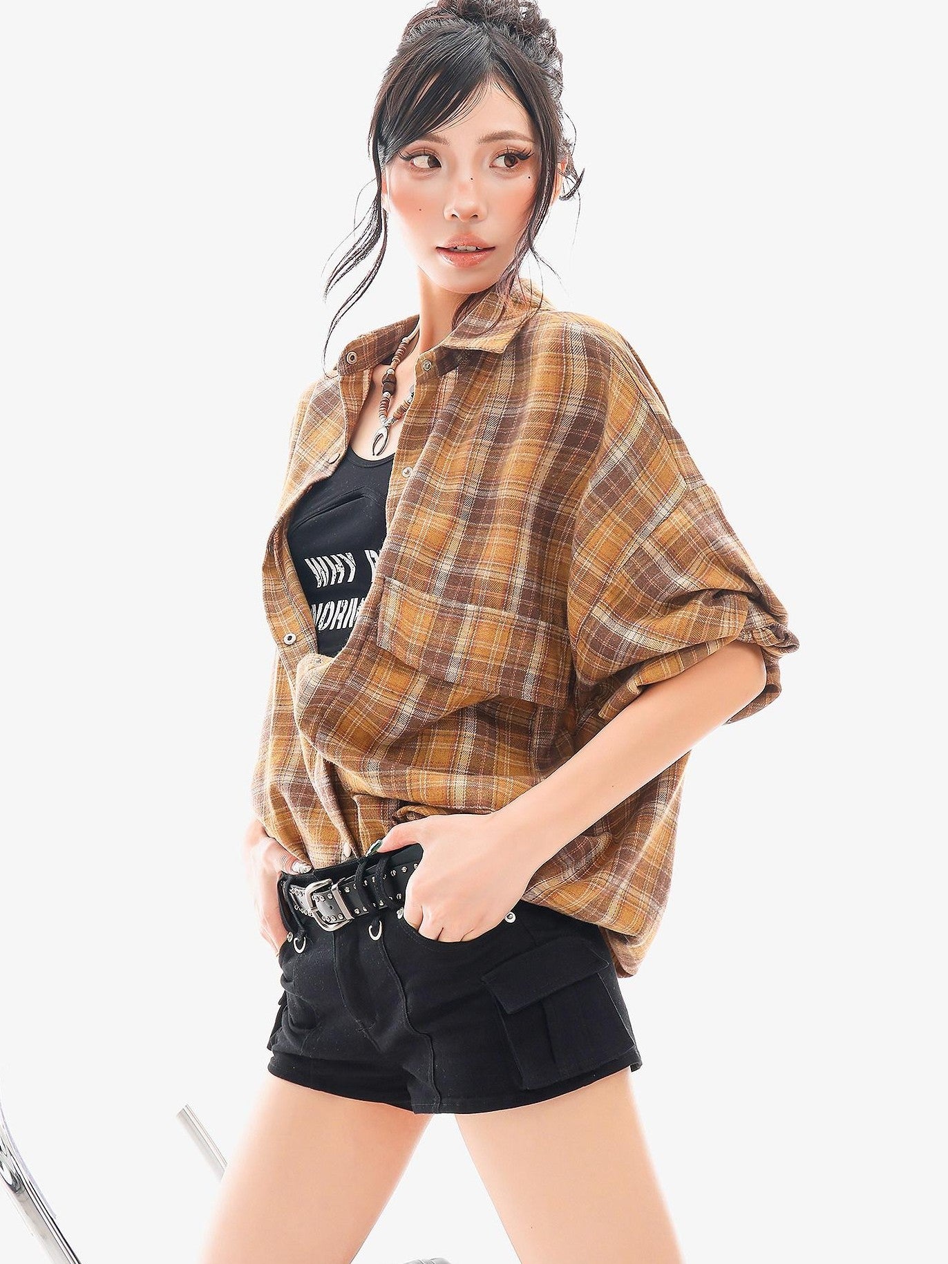 QIUQIU STUDIO Plaid Single Breasted Collared Long Sleeve Cardigan Women&