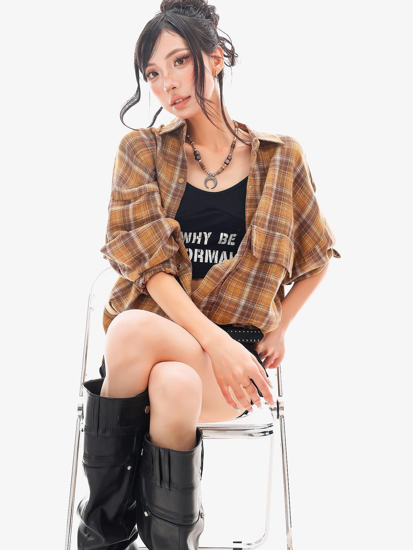 QIUQIU STUDIO Plaid Single Breasted Collared Long Sleeve Cardigan Women&