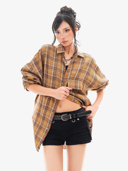 QIUQIU STUDIO Plaid Single Breasted Collared Long Sleeve Cardigan Women&