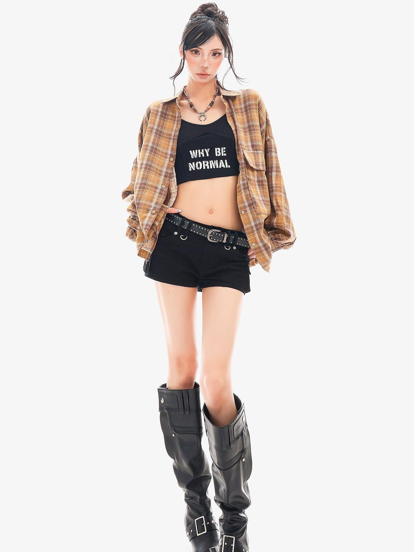 QIUQIU STUDIO Plaid Single Breasted Collared Long Sleeve Cardigan Women&