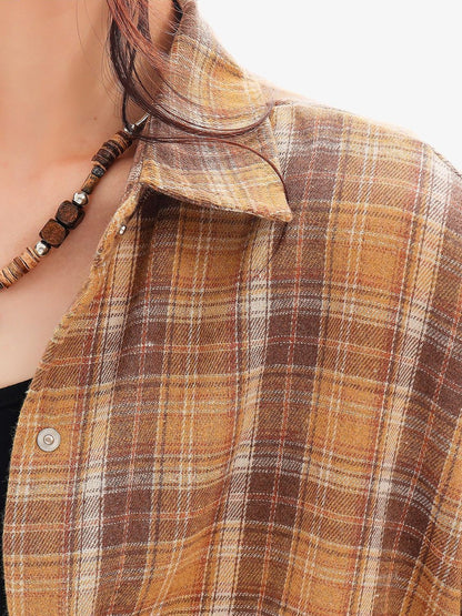 QIUQIU STUDIO Plaid Single Breasted Collared Long Sleeve Cardigan Women&