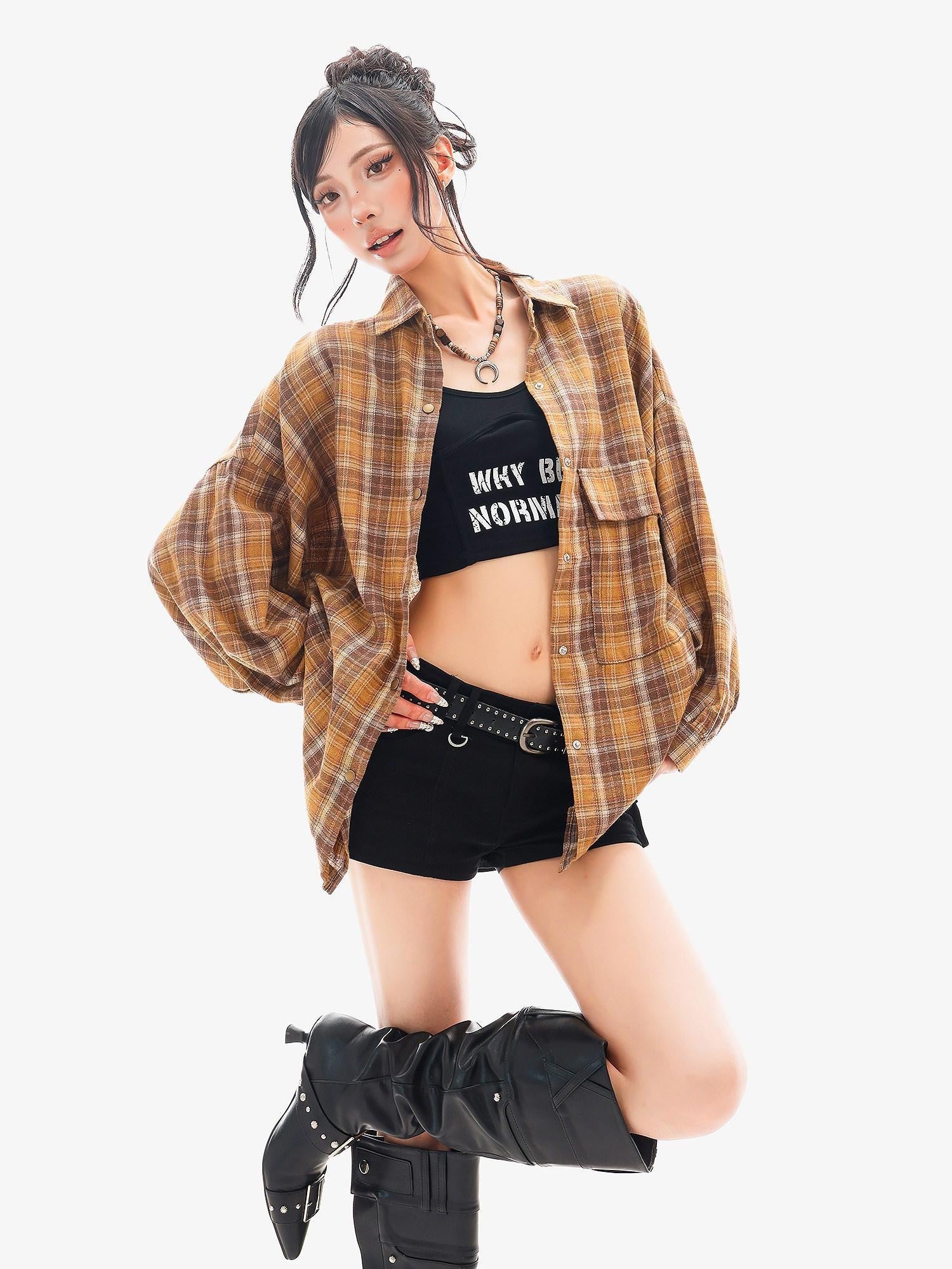 QIUQIU STUDIO Plaid Single Breasted Collared Long Sleeve Cardigan Women&