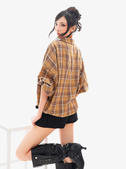 QIUQIU STUDIO Plaid Single Breasted Collared Long Sleeve Cardigan Women&