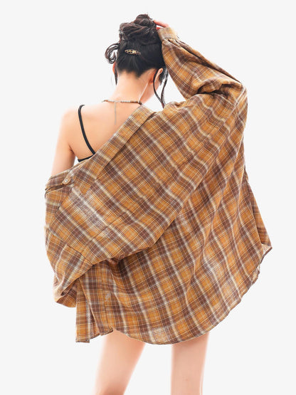 QIUQIU STUDIO Plaid Single Breasted Collared Long Sleeve Cardigan Women&