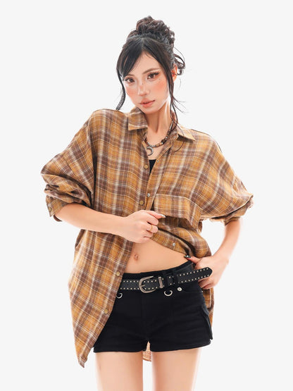 QIUQIU STUDIO Plaid Single Breasted Collared Long Sleeve Cardigan Women&