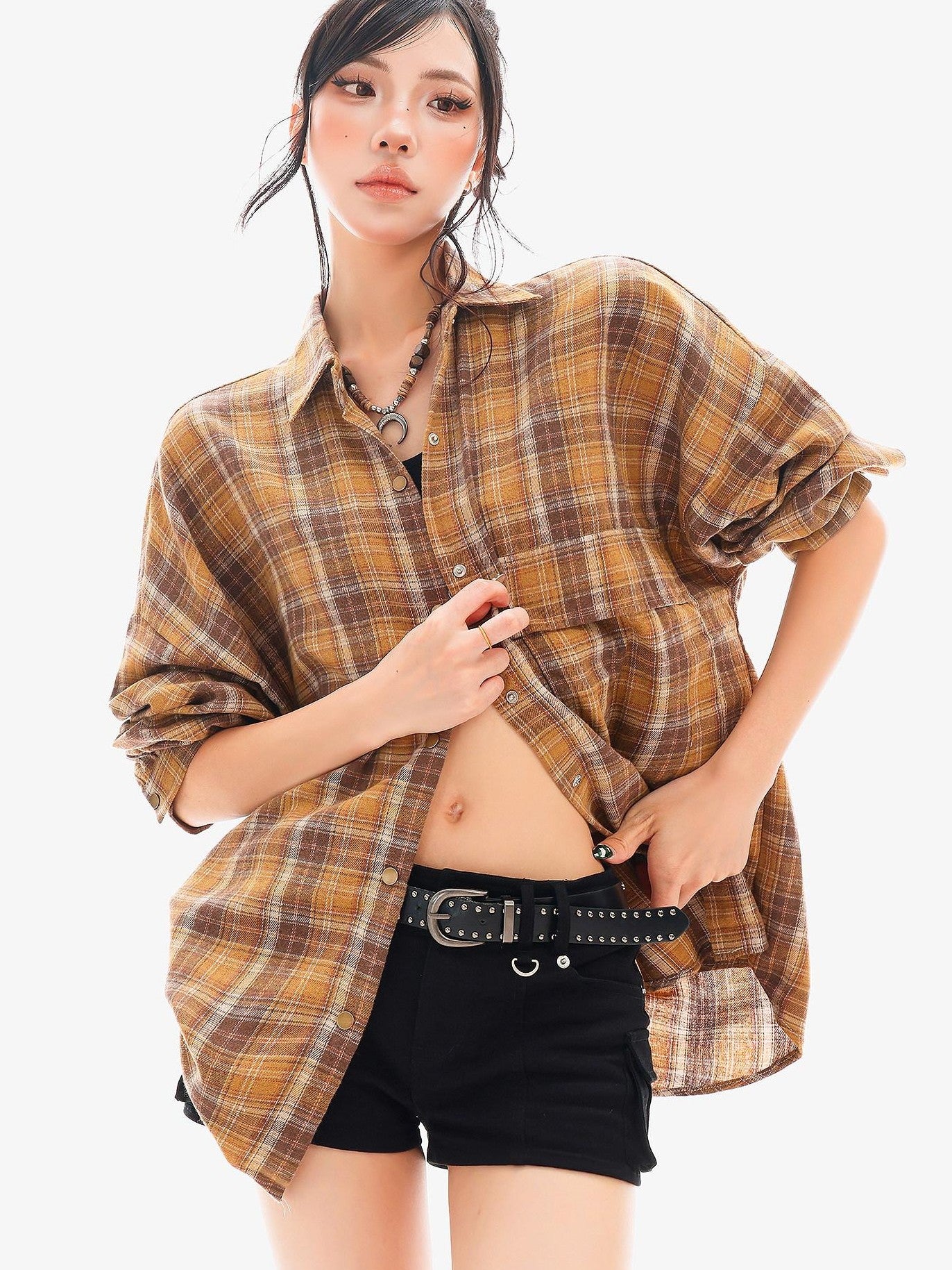 QIUQIU STUDIO Plaid Single Breasted Collared Long Sleeve Cardigan Women&