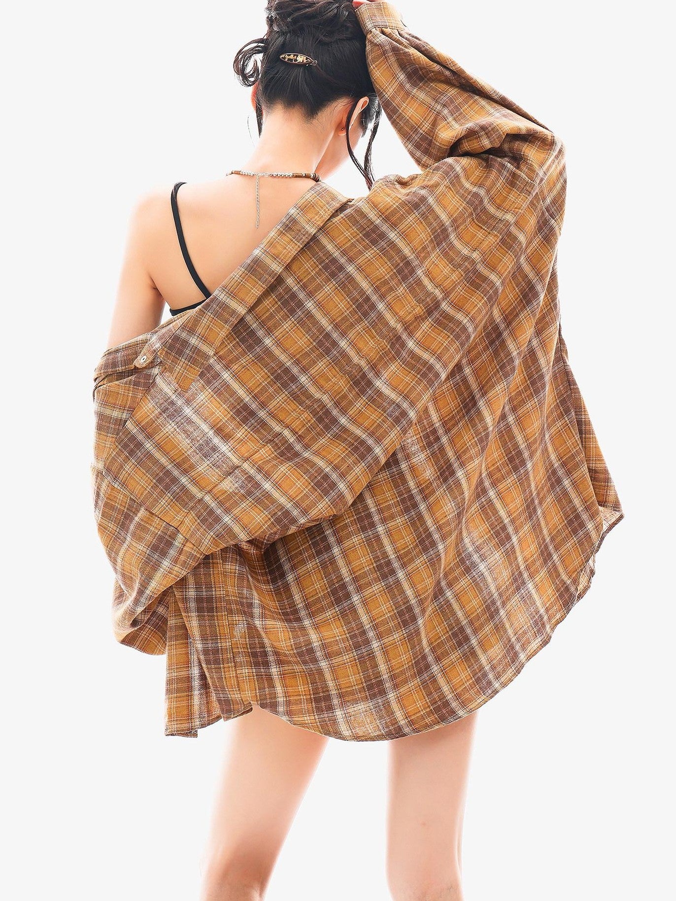 QIUQIU STUDIO Plaid Single Breasted Collared Long Sleeve Cardigan Women&