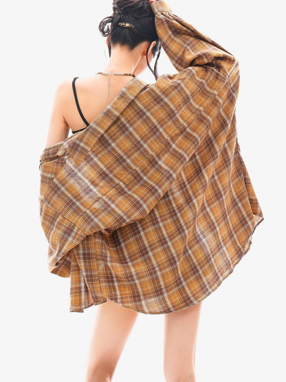 QIUQIU STUDIO Plaid Single Breasted Collared Long Sleeve Cardigan Women&