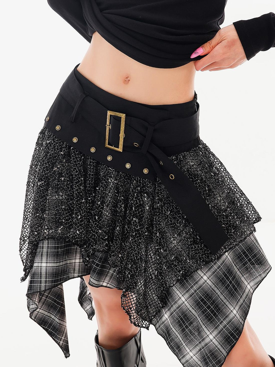 QIUQIU STUDIO Plaid Spliced A Line Women&