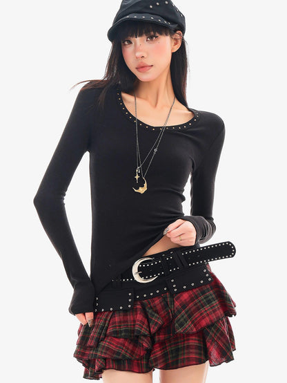 QIUQIU STUDIO Plaid Spliced Studded A Line Women&