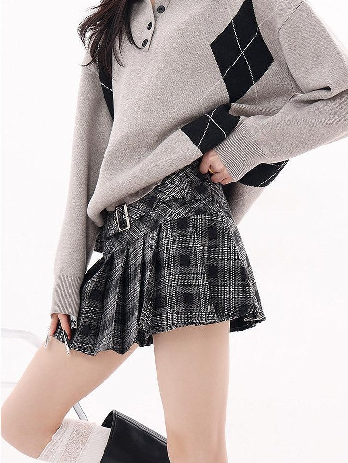 QIUQIU STUDIO Plaid Tweed Pleated A Line Women&
