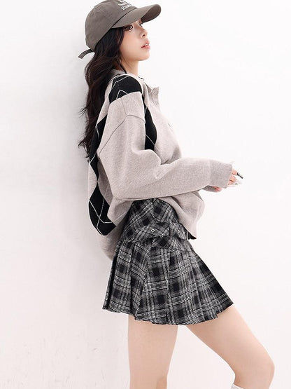 QIUQIU STUDIO Plaid Tweed Pleated A Line Women&