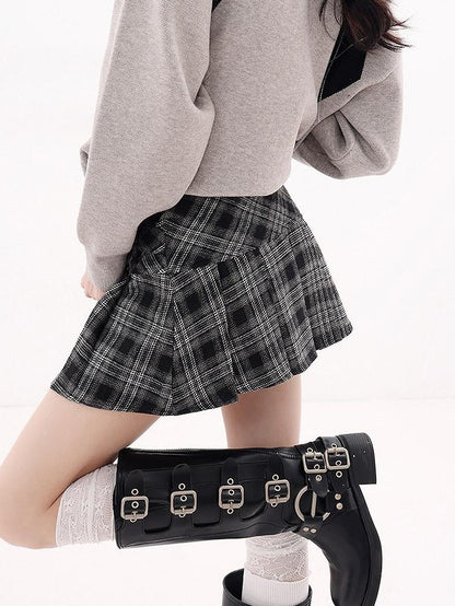 QIUQIU STUDIO Plaid Tweed Pleated A Line Women&